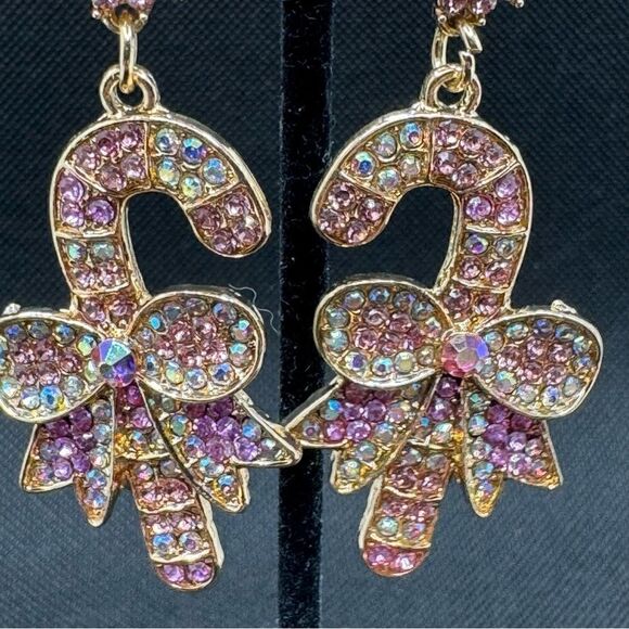 EARRINGS! Betsey Johnson Candy Cane Earrings BNWT AB Crystals Pink &Gold - Picture 3 of 6